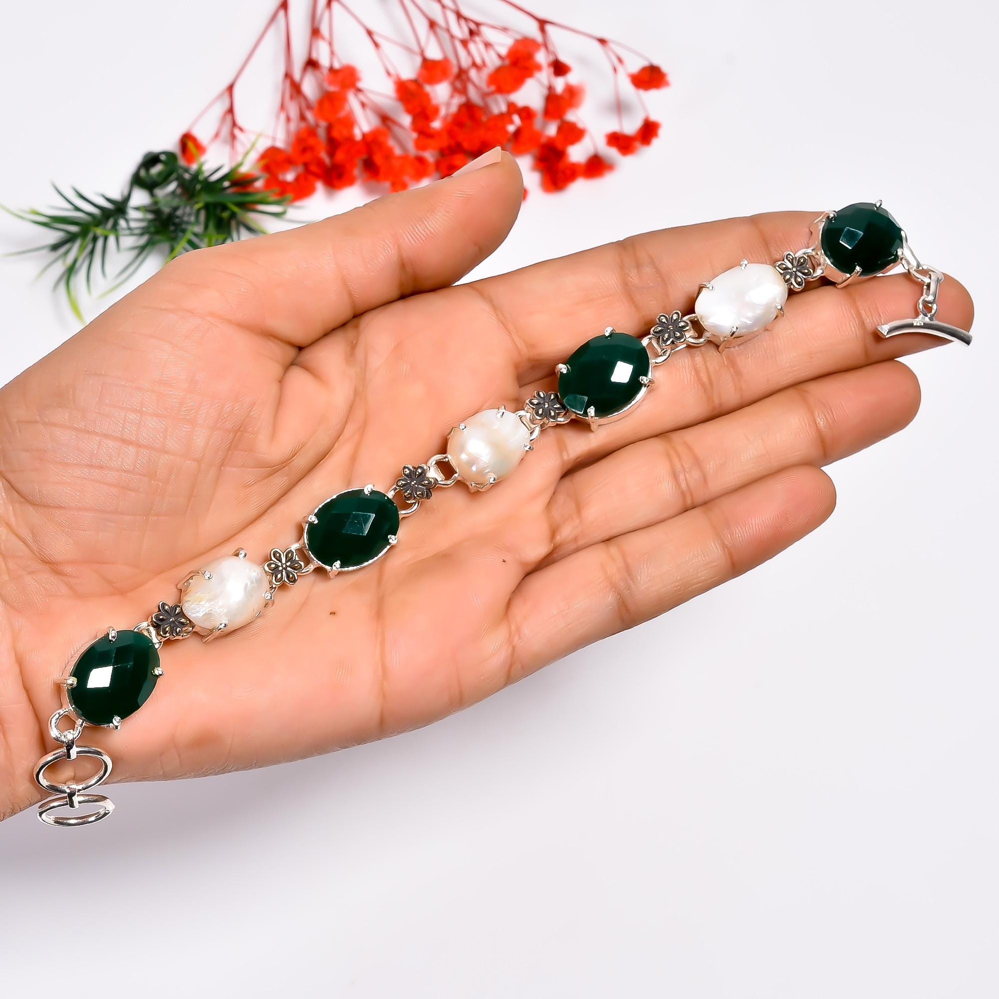 iolom シルバー グリーンストーン ブレスレット Handmade Sterling Silver Green Onyx & Fresh Water Pearl Bracelet