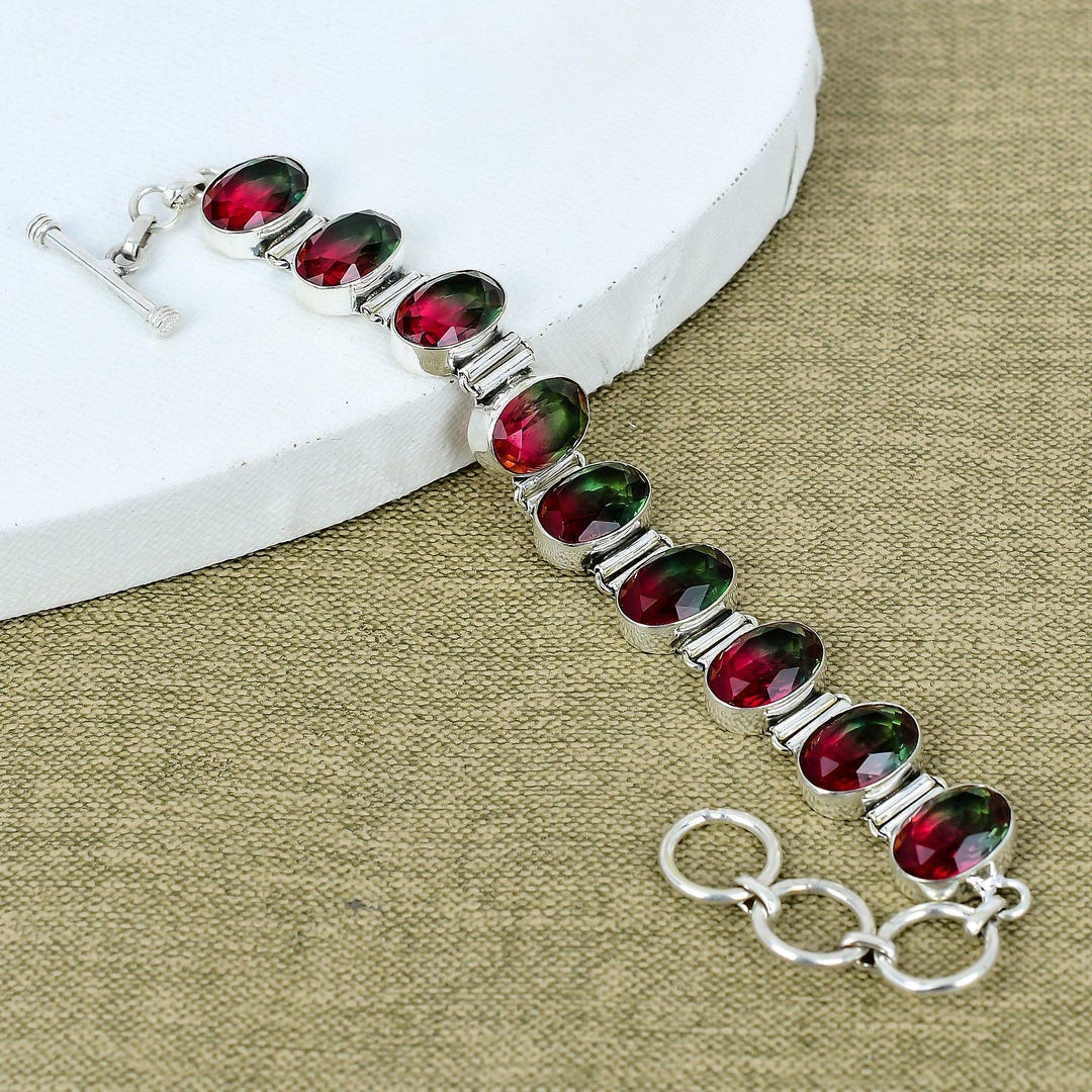 Bracelet Vintage En Argent 800 Et Tourmaline Pastèque - Bijou Fait Main - Occasion