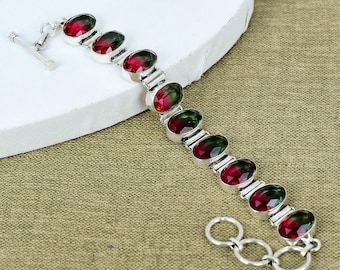 Watermelon Tourmaline 925 Sterling Silver Bracelet | Handmade Gemstone Jewelry