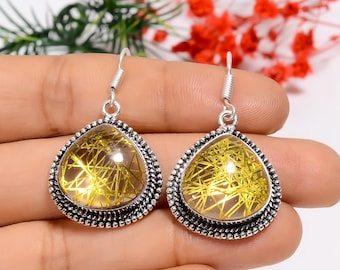 Golden Rutile Quartz Oxidized Sterling Silver Earrings: Handmade Bohemian Jewelry