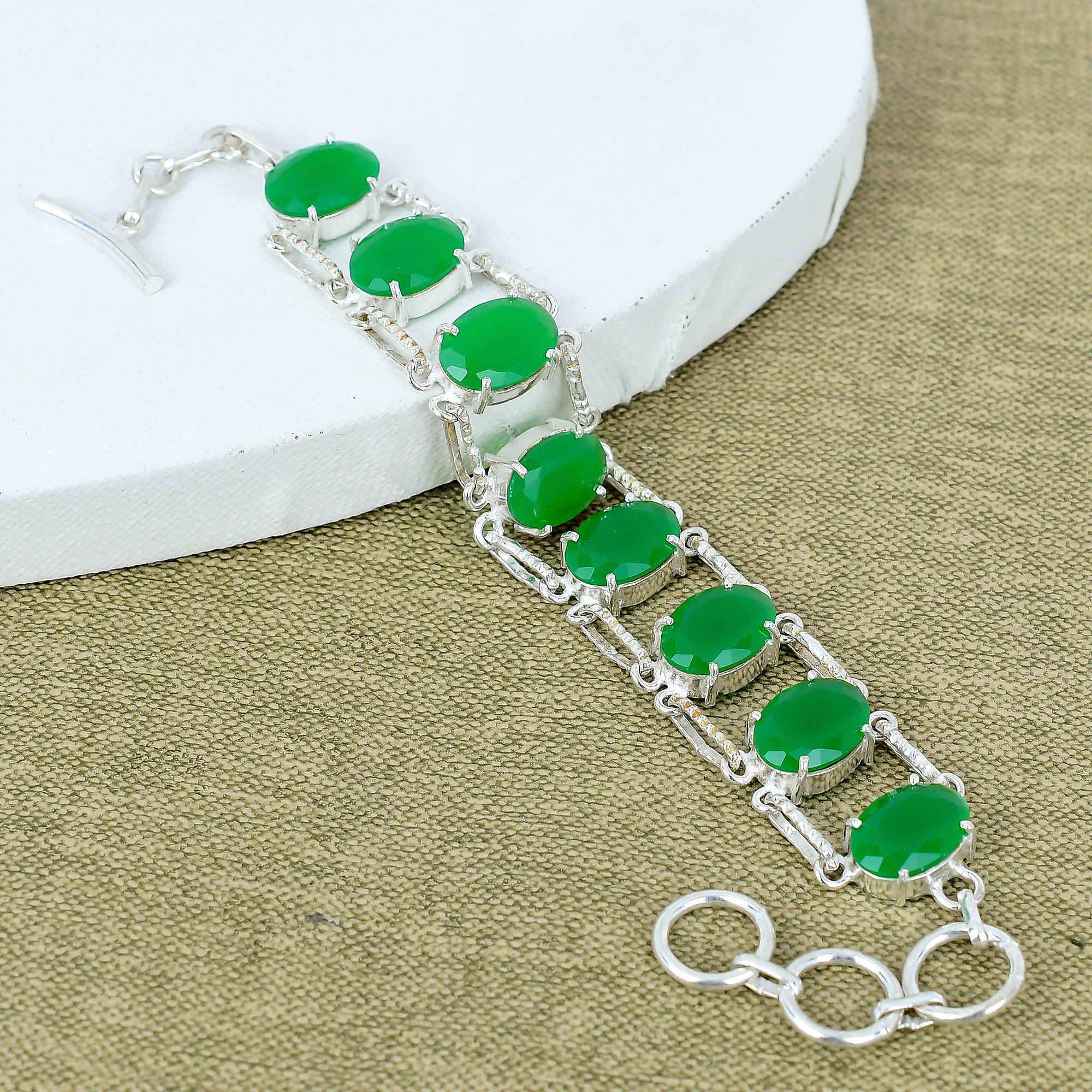 Green Jade 925 Sterling Silver Bracelet | Faceted Oval Stone