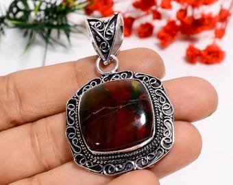 Oxidized Sterling Silver Bloodstone Pendant: Vintage Cushion Charm