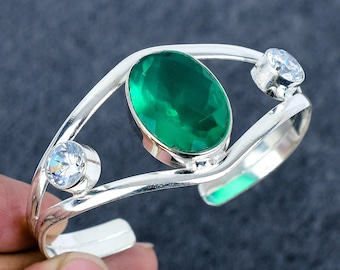 Emerald Sterling Silver Cuff Bracelet: Handmade Bohemian Bangle