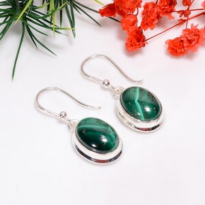 Handmade Sterling Silver Malachite Drop Earrings: Oval Green Gemstone
