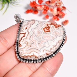 Laguna Lace Agate Pendant: Oxidized 925 Sterling Silver, Handmade Vintage Jewelry