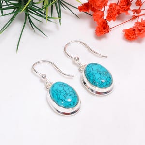 Tibetan Turquoise Oval Earrings: Handmade 925 Sterling Silver