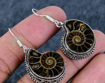 Handmade Oxidized Sterling Silver Ammonite Fossil Earrings: Bohemian Gemstone