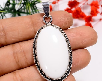 Oval White Coral Pendant | Oxidized 925 Sterling Silver Handmade Jewelry