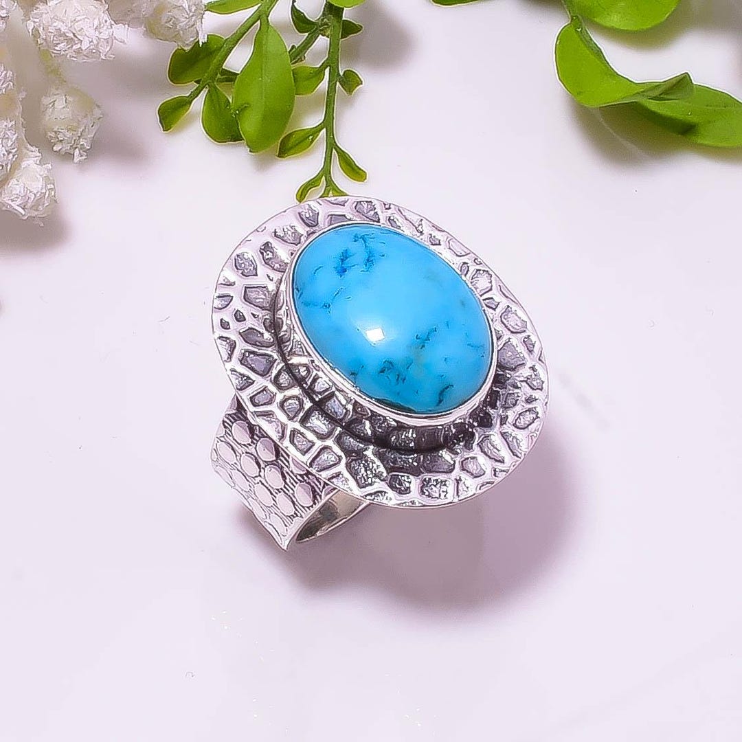 Oval Turquoise Sterling Silver Ring, Textured Boho Statement Jewelry - Etsy