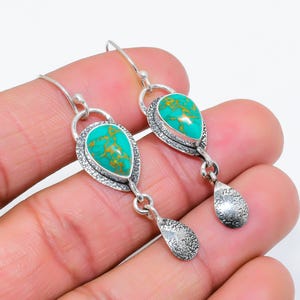 Pear Turquoise Sterling Silver Earrings: Handmade Boho Jewelry