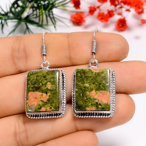 Green Unakite Earrings: Oxidized Sterling Silver Bohemian Jewelry