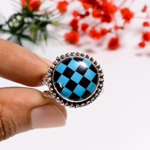 Checkered Board Onyx Ring | 925 Sterling Silver Ring | Blue & White Onyx Checkered Ring | Statement Ring | Handmade Ring | Bohemian Ring
