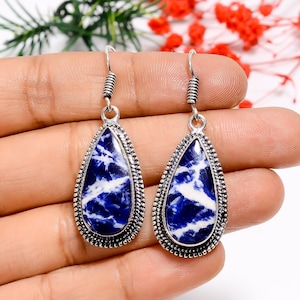 Natural Sodalite Pear Shape Earrings | 925 Sterling Silver Oxidized Earrings | Handmade Earrings | Designer Earrings | Bohemian Earrings