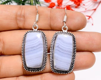 Pendientes colgantes de ágata azul con encaje: plata de ley 925 oxidada, estilo bohemio
