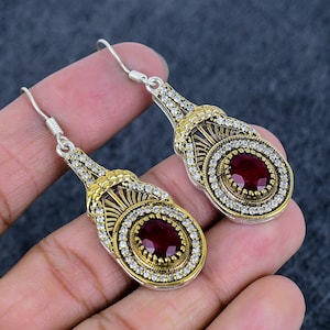 Ruby Zircon Victorian Earrings: 925 Sterling Silver Gold Plated