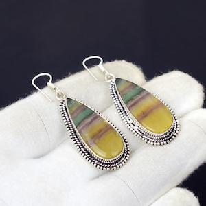 Pendientes de lágrima de fluorita natural / Pendientes de plata de ley 925 / Pendientes oxidados / Pendientes de estilo vintage / Pendientes bohemios de diseñador