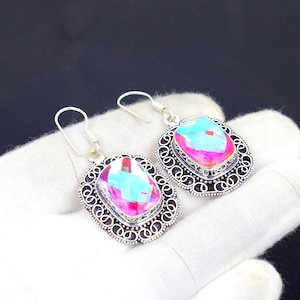 Rainbow Mystic Topaz Pear Drop Earrings: Oxidized Sterling Silver