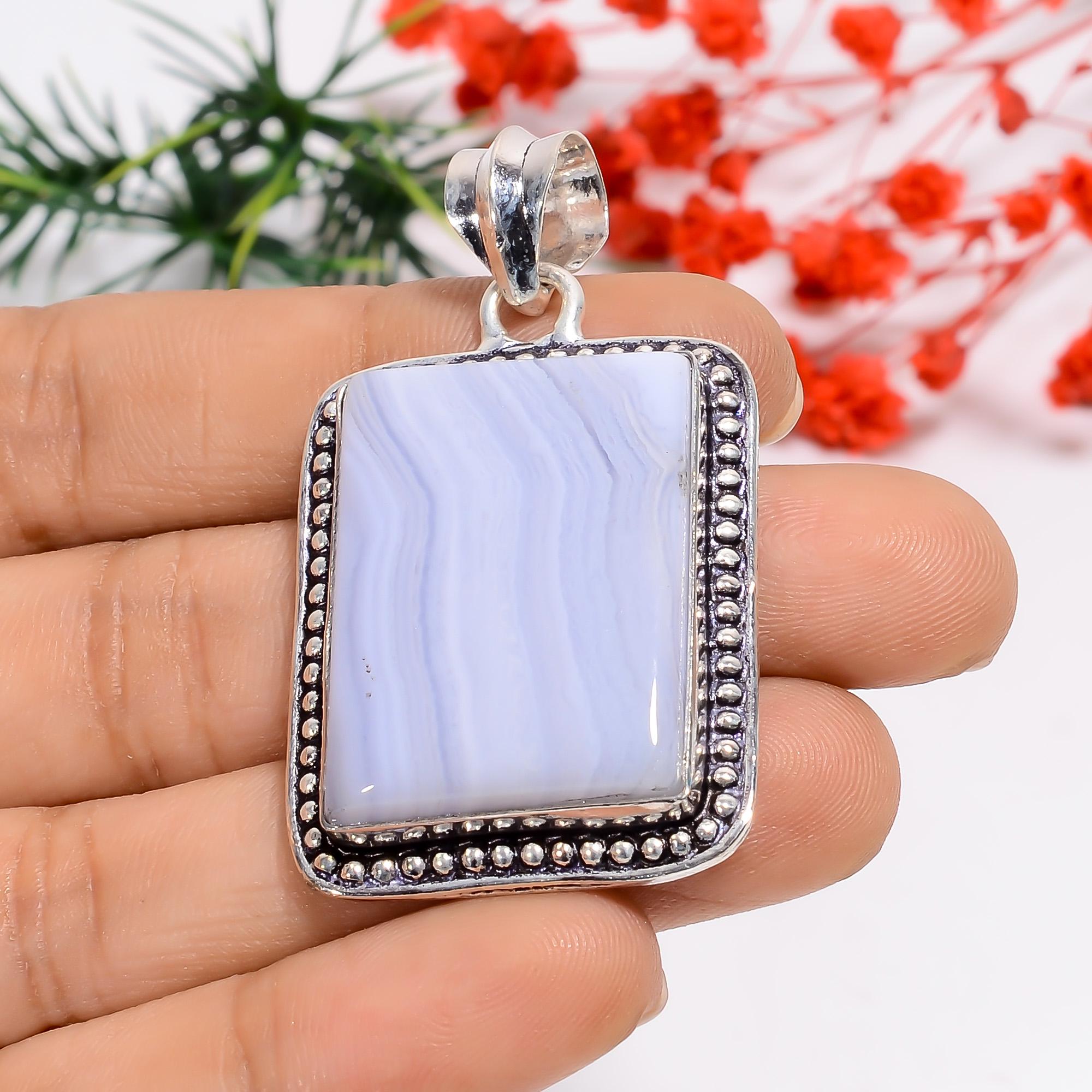 Blue Lace Agate Pendant: Oxidized 925 Sterling Silver Filigree - Etsy