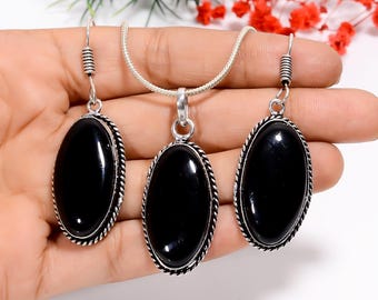 Conjunto de joyas de plata de ley con ónix negro: pendientes colgantes bohemios oxidados