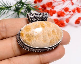 Fossile Korallen Sterling Silber Anhänger: Oxidierte Boho Schmuck