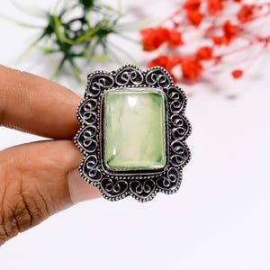 Natural Green Prehnite Filigree Design Ring | 925 Sterling Silver Ring | Gemstone Ring | Bohemian Ring | Statement Ring | Gift For Mother