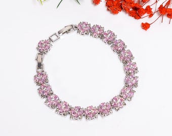 Pink Amethyst & Zircon Extension Adjustable Bracelet : 925 Sterling Silver Nickel Free Rhodium Handmade Jewelry