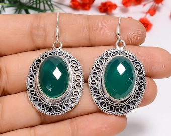 Green Chalcedony Oval Earrings: Oxidized 925 Sterling Silver, Bohemian Style