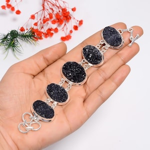 Black Titanium Druzy Silver Bracelet | 925 Sterling Silver | Adjustable Bracelet | Handmade Bracelet | Oval Shape Titanium Druzy Jewelry