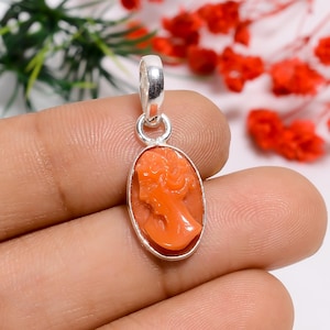 Natural Italian Red Coral Oval Shape Pendant | 925 Sterling Silver Handcrafted Pendant | Minimalist Pendant | Red Coral Carving Pendant