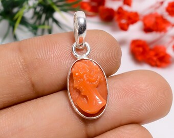 Colgante de coral rojo en plata de ley: piedra preciosa ovalada, hecho a mano