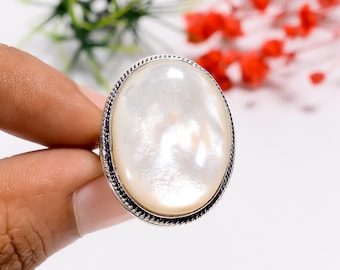 Natural Mother Of Pearl Oval Shape Ring | 925 Sterling Silver Ring | Statement Ring | Vintage Style Ring | Bohemian Ring | Gift For Mother