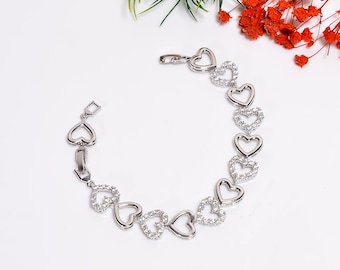 White Zircon Heart Bracelet: 925 Sterling Silver Rhodium Plated