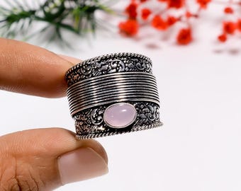 Oxidized Silver Ring: Handmade Rose Quartz Bohemian Jewelry