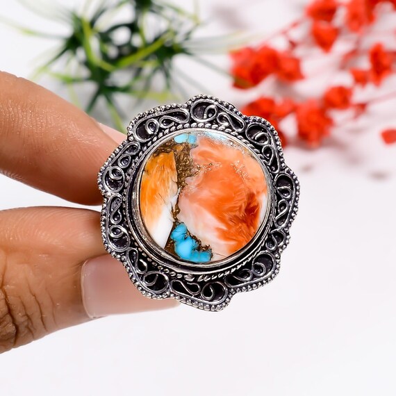 Oyster Copper Turquoise Ring: Oxidized Sterling Silver Bohemian