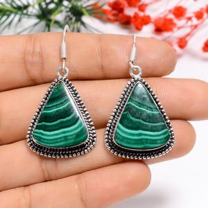 Malachite Dangle Earrings: Handmade 925 Sterling Silver, Vintage Style