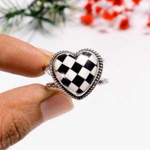 Checkered Board Black & White Onyx Ring | 925 Sterling Silver Ring | Heart Shape Checkered Ring | Statement Ring | Handmade Bohemian Ring