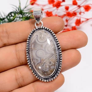 Laguna Lace Agate Oxidized Sterling Silver Pendant - Vintage Bohemian Style