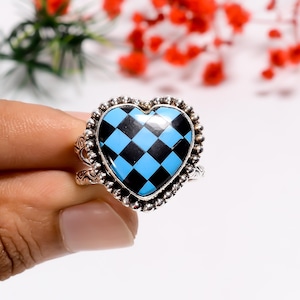 Checkered Board Onyx Heart Shape Ring | 925 Sterling Silver Ring | Blue & White Checkered Ring | Statement Ring | Handmade Bohemian Ring