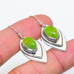 Copper Green Turquoise Silver Earrings | 925 Sterling Silver Hook Earrings | Dangle Drop Earrings | Bohemian Earrings | Oxidize Earrings