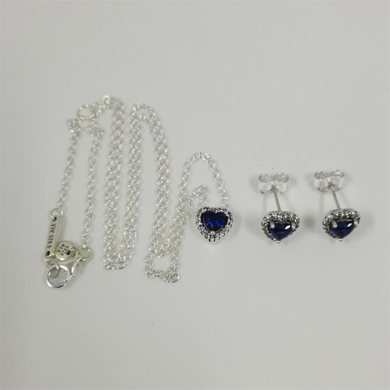 Pandora Blue Sparkling Heart Halo Ear Studs Pendant Collier
