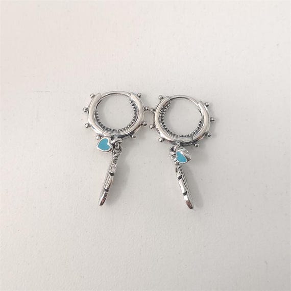 Pandora S925 Spiritual Feathers Dangle Earrings Turquoise