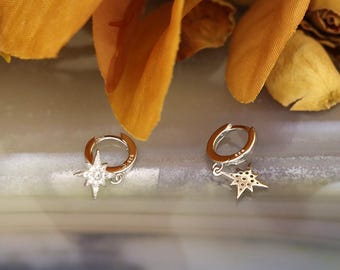 Starburst Huggie Hoop Earrings,Gold Over Sterling Silver,Star Earrings, Celestial Dangle Hoops, Minimalist Earrings，gifts for her