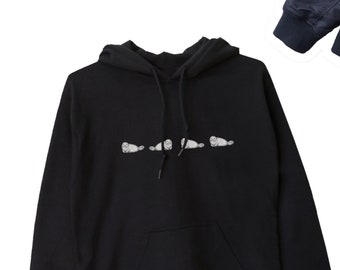 May include: Black hooded sweatshirt with a graphic of five seals in a line on the front.