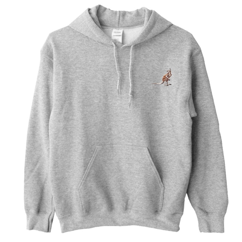 May include: A grey hoodie featuring a kangaroo emblem on the left breast. The kangaroo is illustrated in brown and tan tones. The hoodie has a drawstring hood and a front pouch pocket.