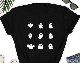 May include: Black t-shirt with a white graphic of nine ghosts in different poses.