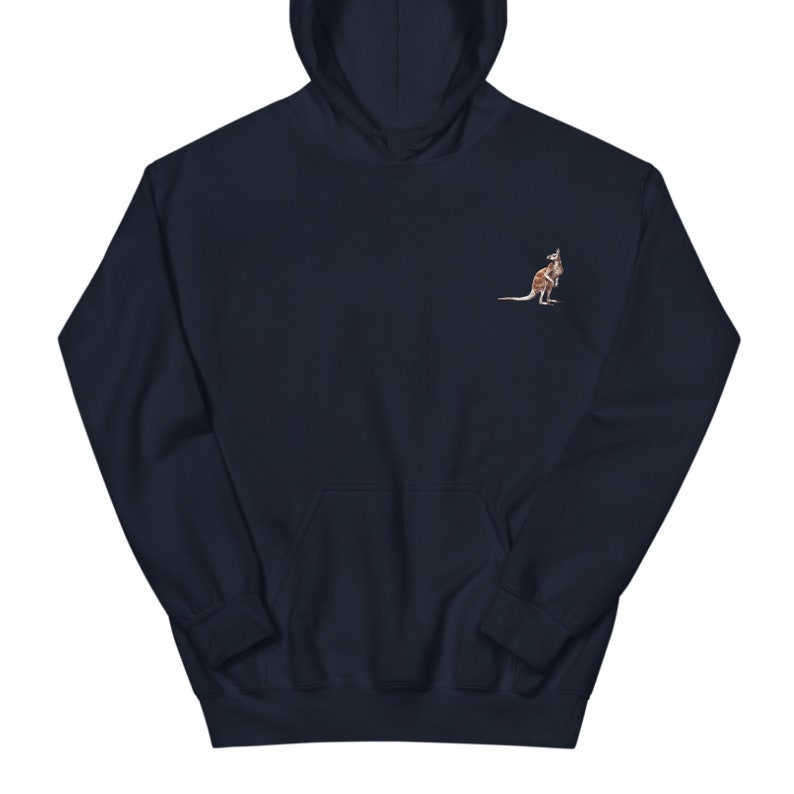 May include: Dark navy blue hoodie with a kangaroo emblem embroidered on the chest. The hoodie has a drawstring hood and a front pocket. The kangaroo design is in shades of brown and beige.
