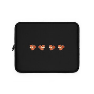 May include: Black laptop sleeve with a repeating pattern of four cartoon squirrels. The squirrels are brown and have white bellies.