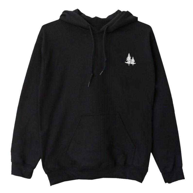 May include: Black hooded sweatshirt with a white embroidered design of two pine trees on the front.