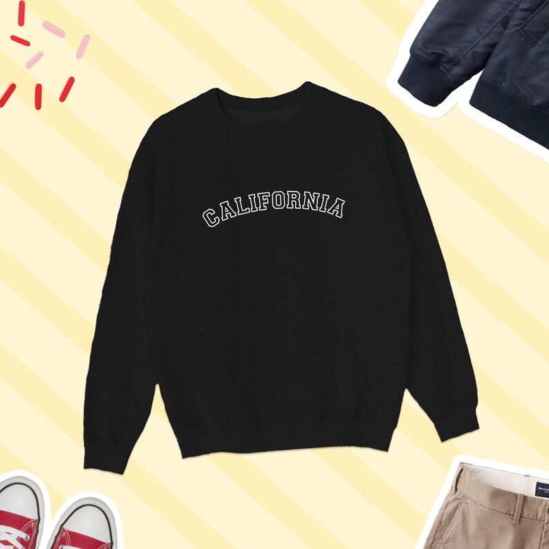 May include: Black sweatshirt with white text that reads "CALIFORNIA" in an arched font.