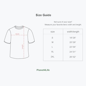 May include: Size chart for a t-shirt with measurements in inches. The chart shows the width and length of the shirt in inches for sizes S, M, L, XL, and 2XL. The text "Planet4Life" is at the bottom of the chart.